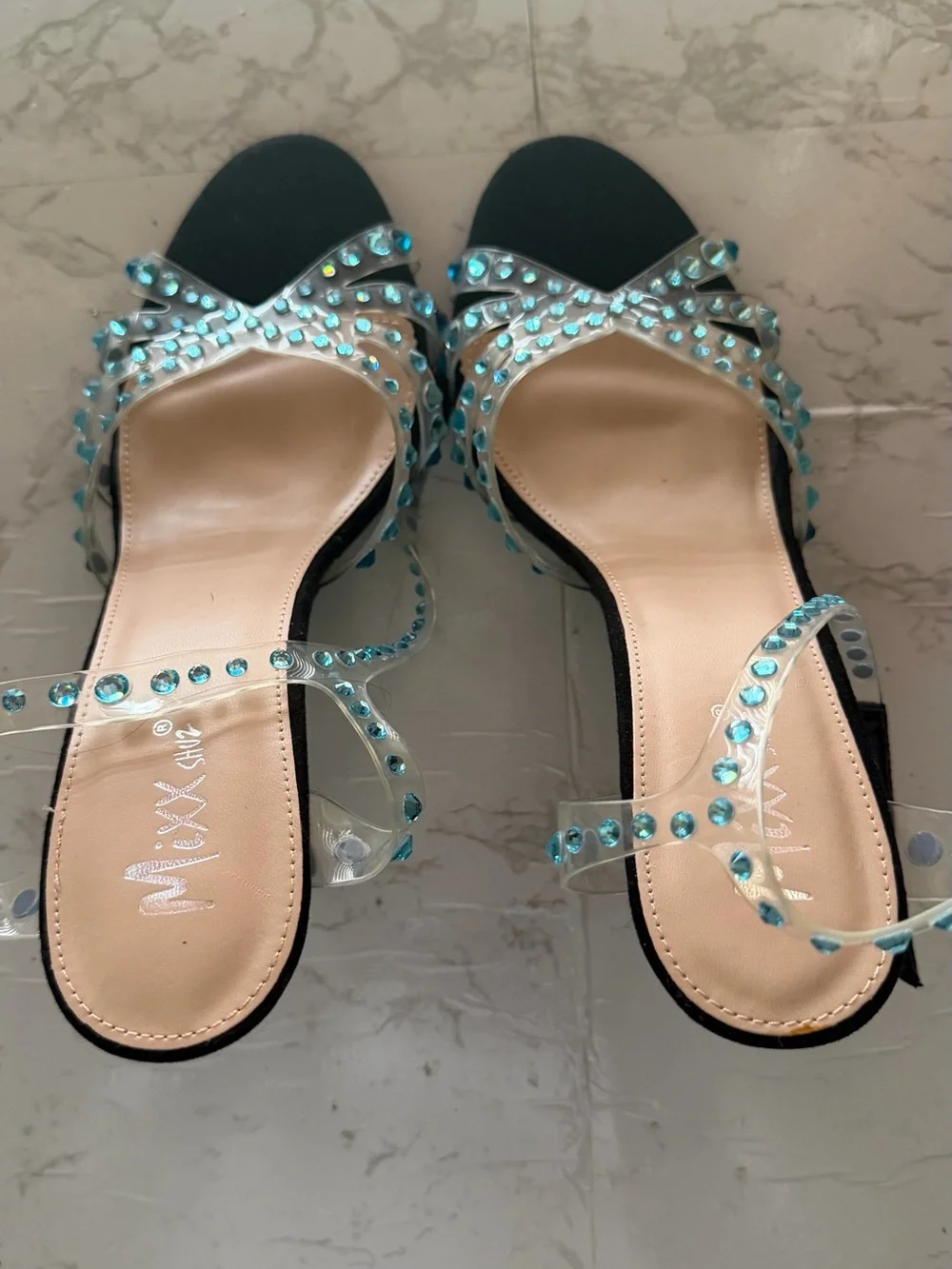 MIA Clear-Strap Sandals with Aqua Blue Rhinestones
